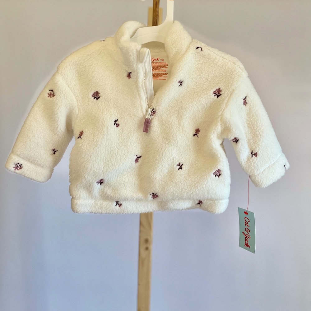 Cat & Jack Baby Girls Floral Embroidered Sherpa Quarter Zip Fleece Cream 12M